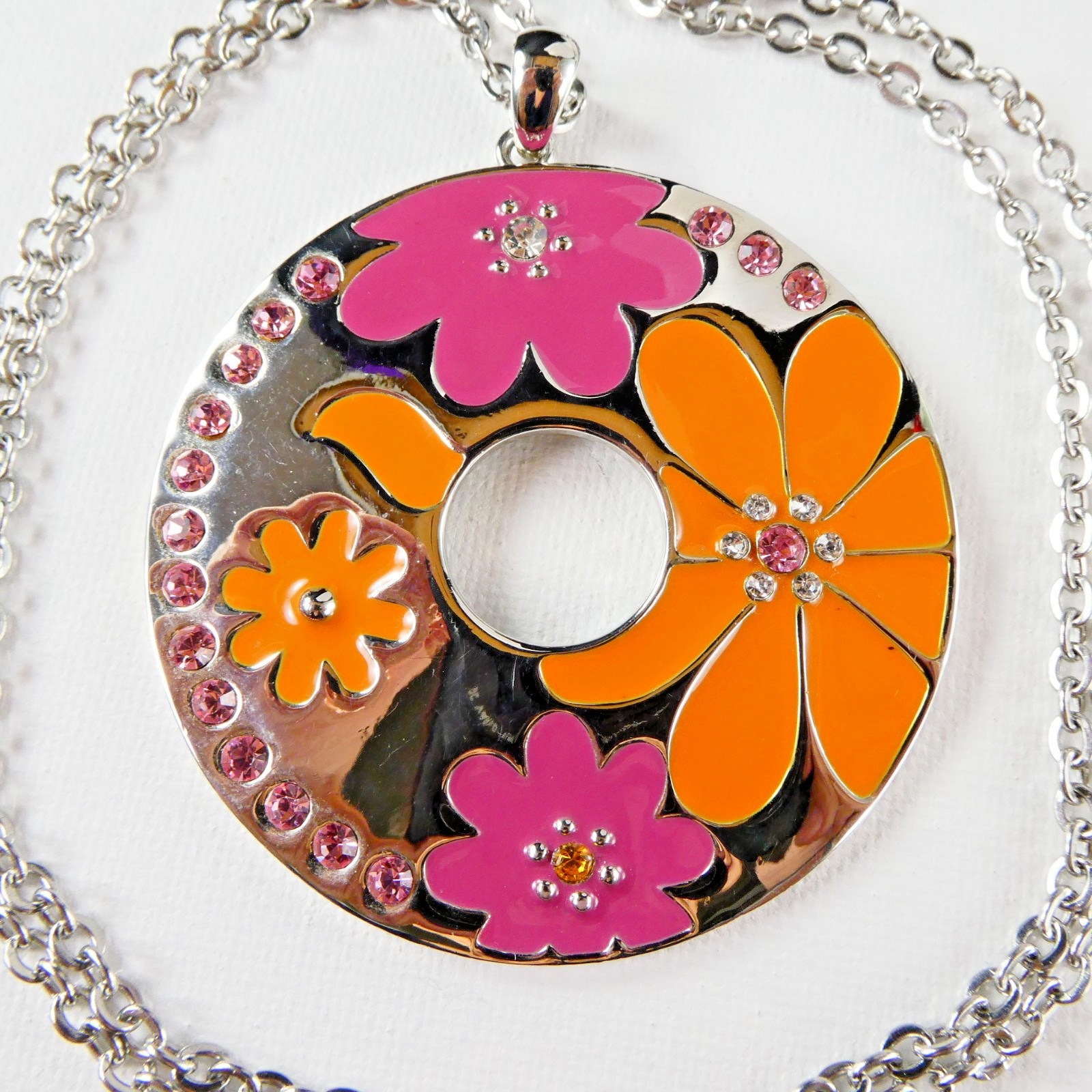 Lia Sophia Enamel Flower Pendant Retro Style Flower Power Silver Tone Necklace