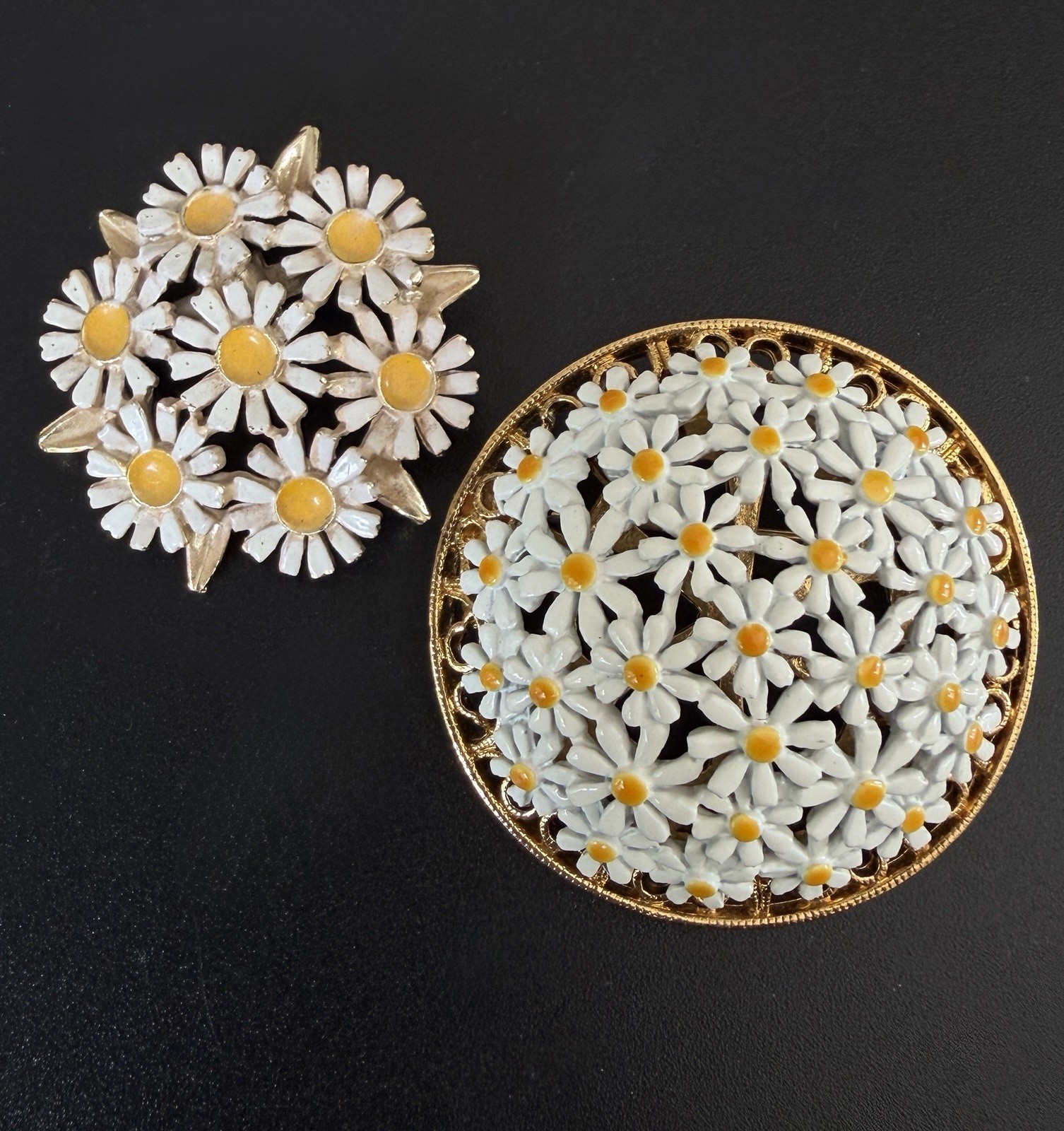 60s Lot 2 Daisy Brooch Mod White Enamel Flower Dome Pin Gold Vintage