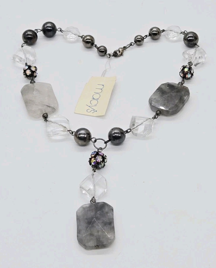 Macy’s Y Drop Necklace Marbled Grey Acrylic AB Crystal Couture Gunmetal 16 in