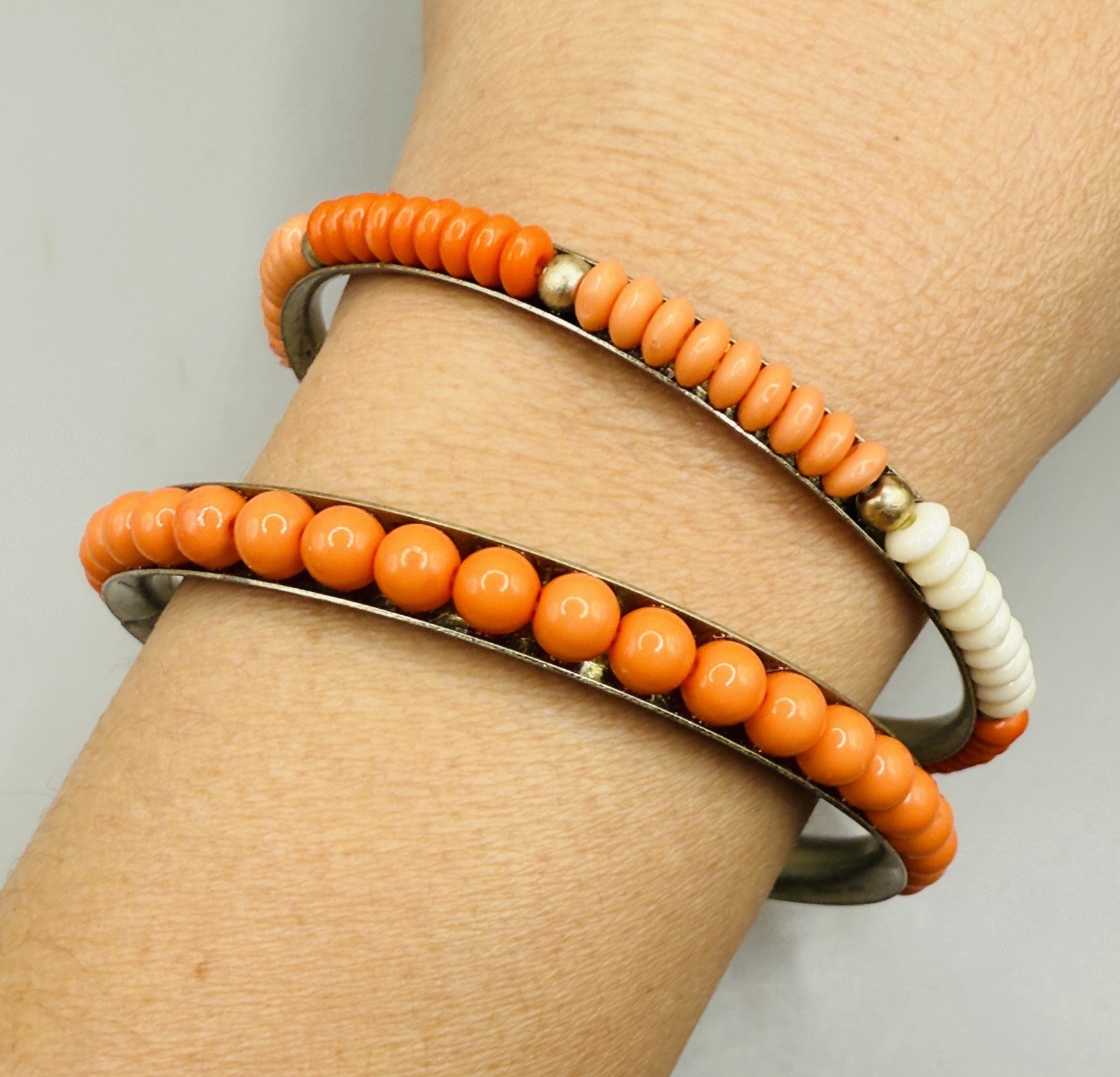 Vintage Gold Tone Orange Cream Beaded Set Of Two Bangle Cuff Statement Bracelets