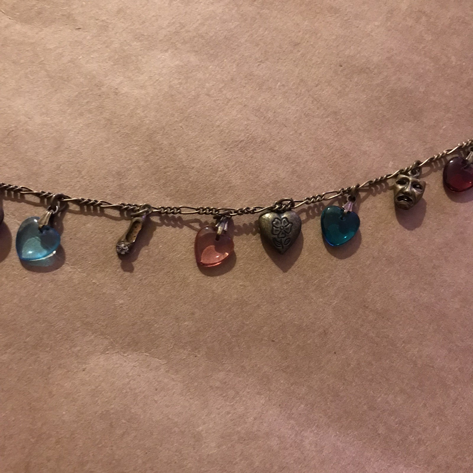 Vintage Glass Works Studio Charm Necklace Brass With Glass Hearts & brass Charms