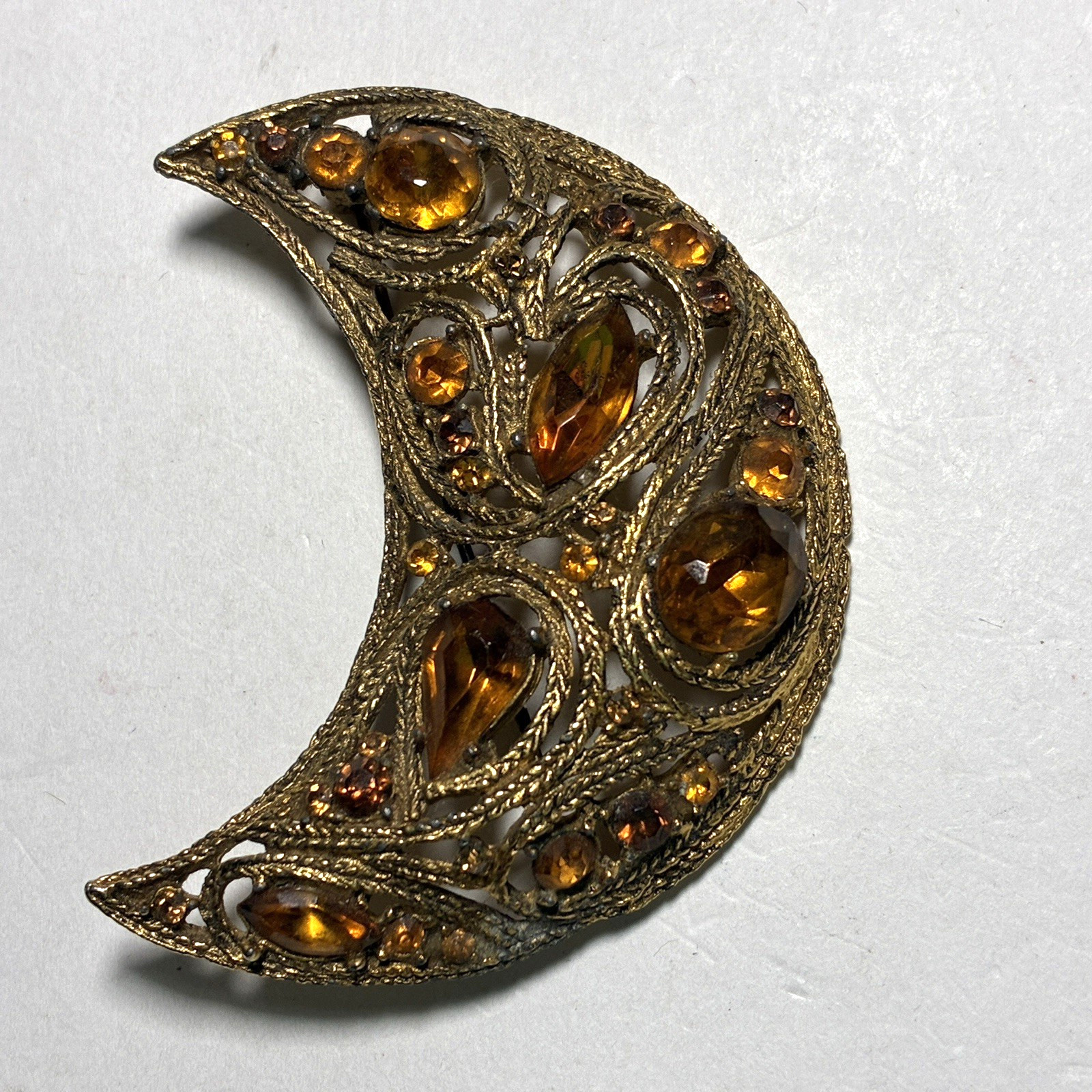 Large Vintage La Roco 1950s Half Moon Crescent Brooch Lapel Pin Faux Amber
