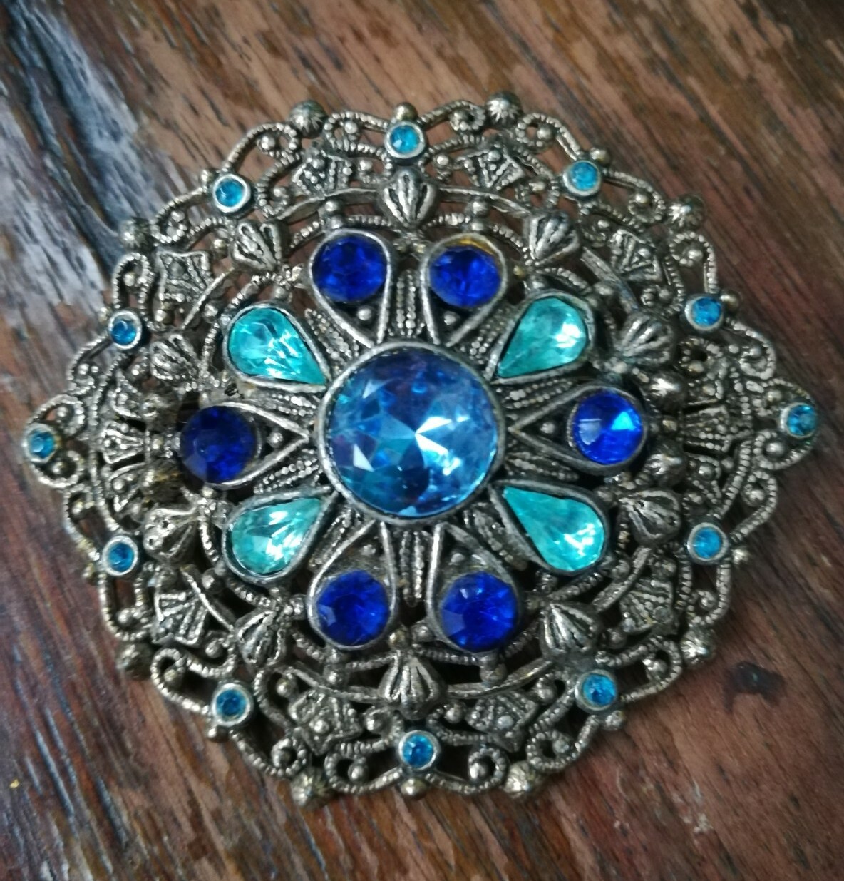 New England Glass Works Antique Brooch Pin Shades of Blue Rhinestones Filigree