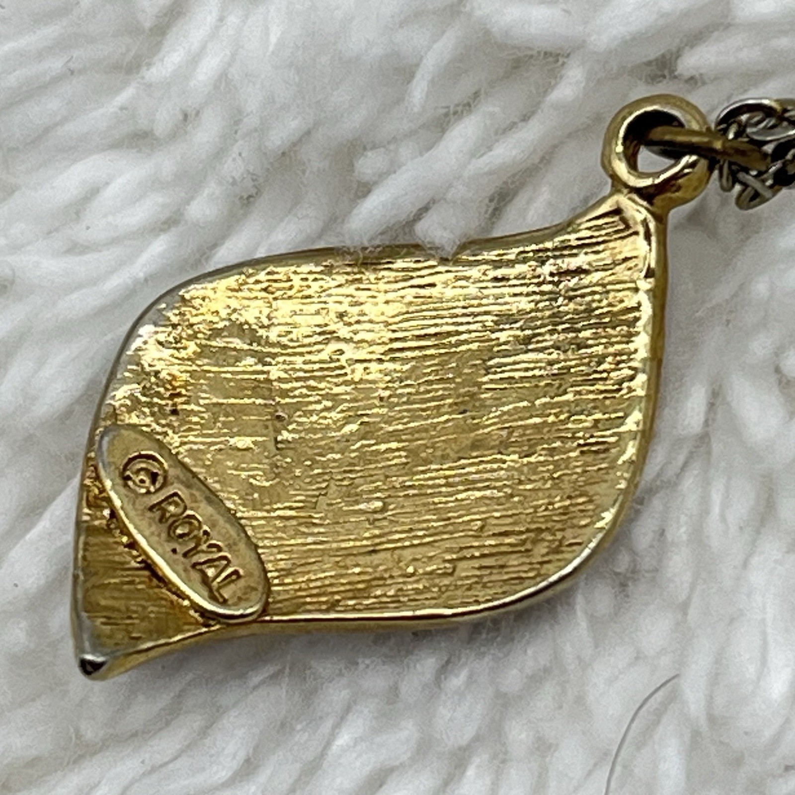 Signed Royal Necklace Red Gold Glitter Enamel Abstract Wave Pendant 18″