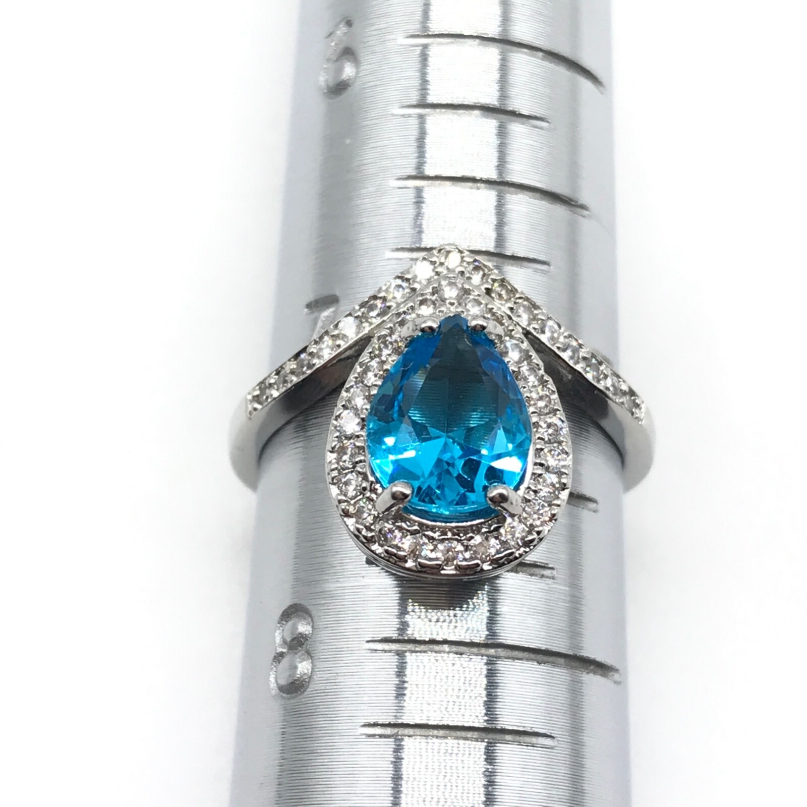 925 Sterling Silver Blue & Clear CZ Accented Ladies Band Ring Size 7.25