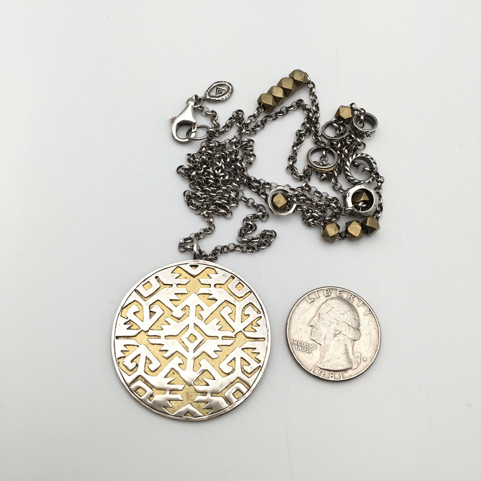 Vtg Sterling Silver & Brass SILPADA “Sundial” Pendant Necklace 34” 925 27g #21