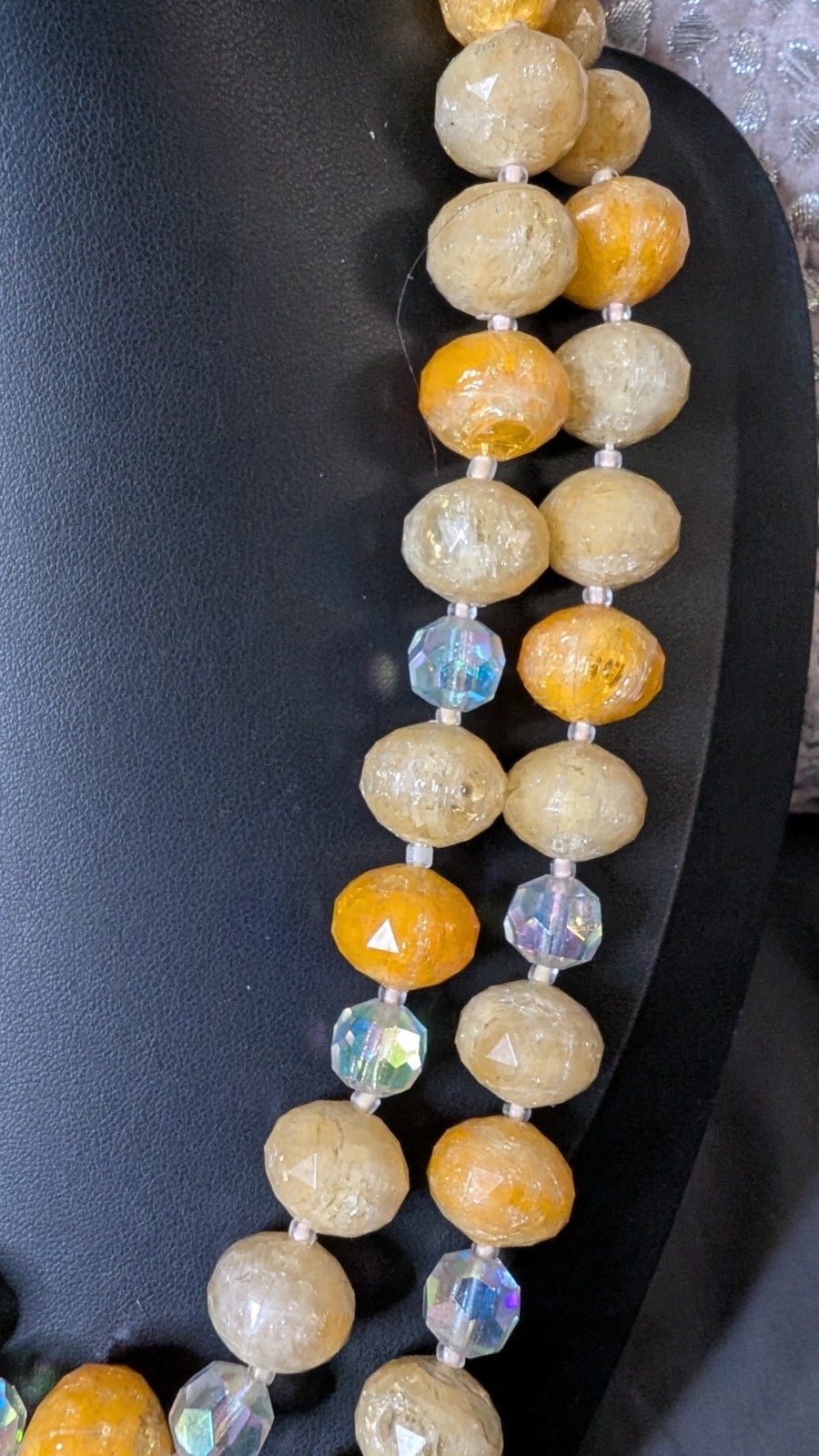 West Germany Vintage Yellow Clear Acrylic Beaded Necklace, Box Cluster Clasp 20″