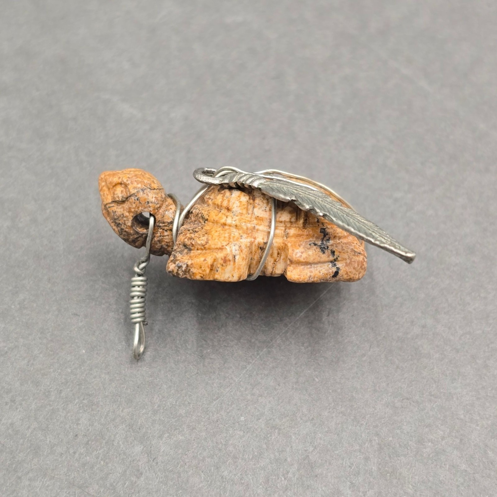 Vintage Hand Carved Jasper Turtle Pendant Wire Wrapped Southwestern Feather