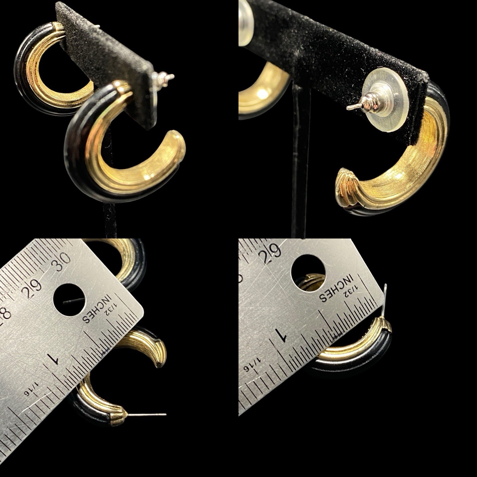 Vintage Sarah Coventry Black and Goldtone Earrings About 1-1/8″ Across