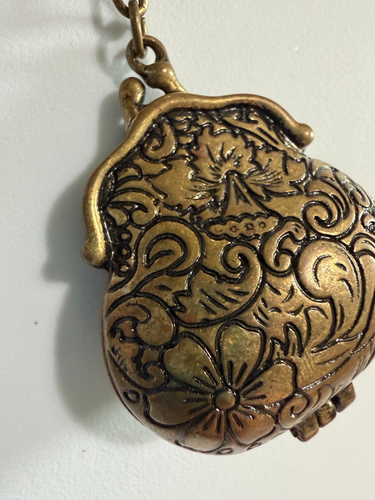 Vintage-Style Ornate Embossed Chatelaine Coin Purse Locket Necklace Floral Brass