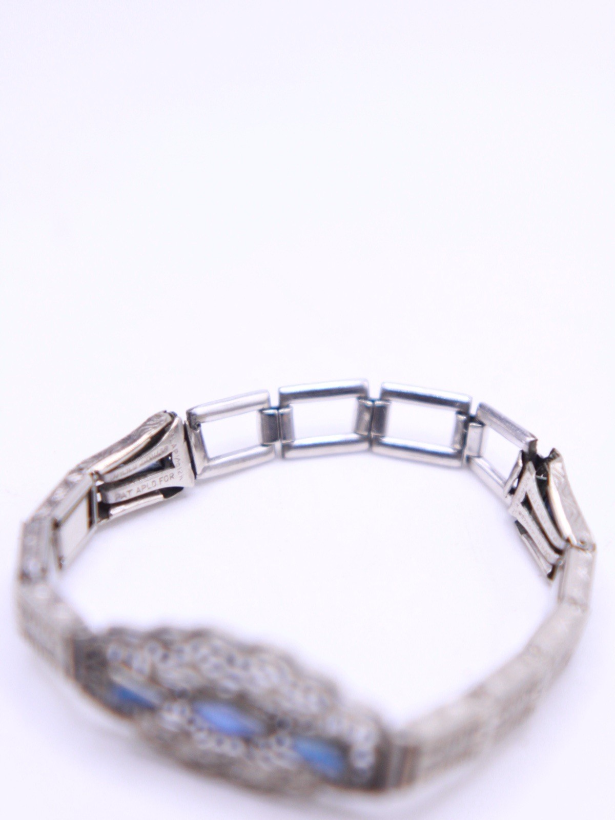Vintage Anne Louise Art Deco Filigree Bracelet with Simulated Sapphires