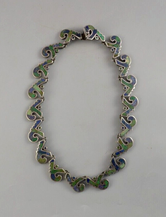 Los Castillo Mosaico Azteca 161 – Taxco Silver Mosaic Inlay Necklace – 16″