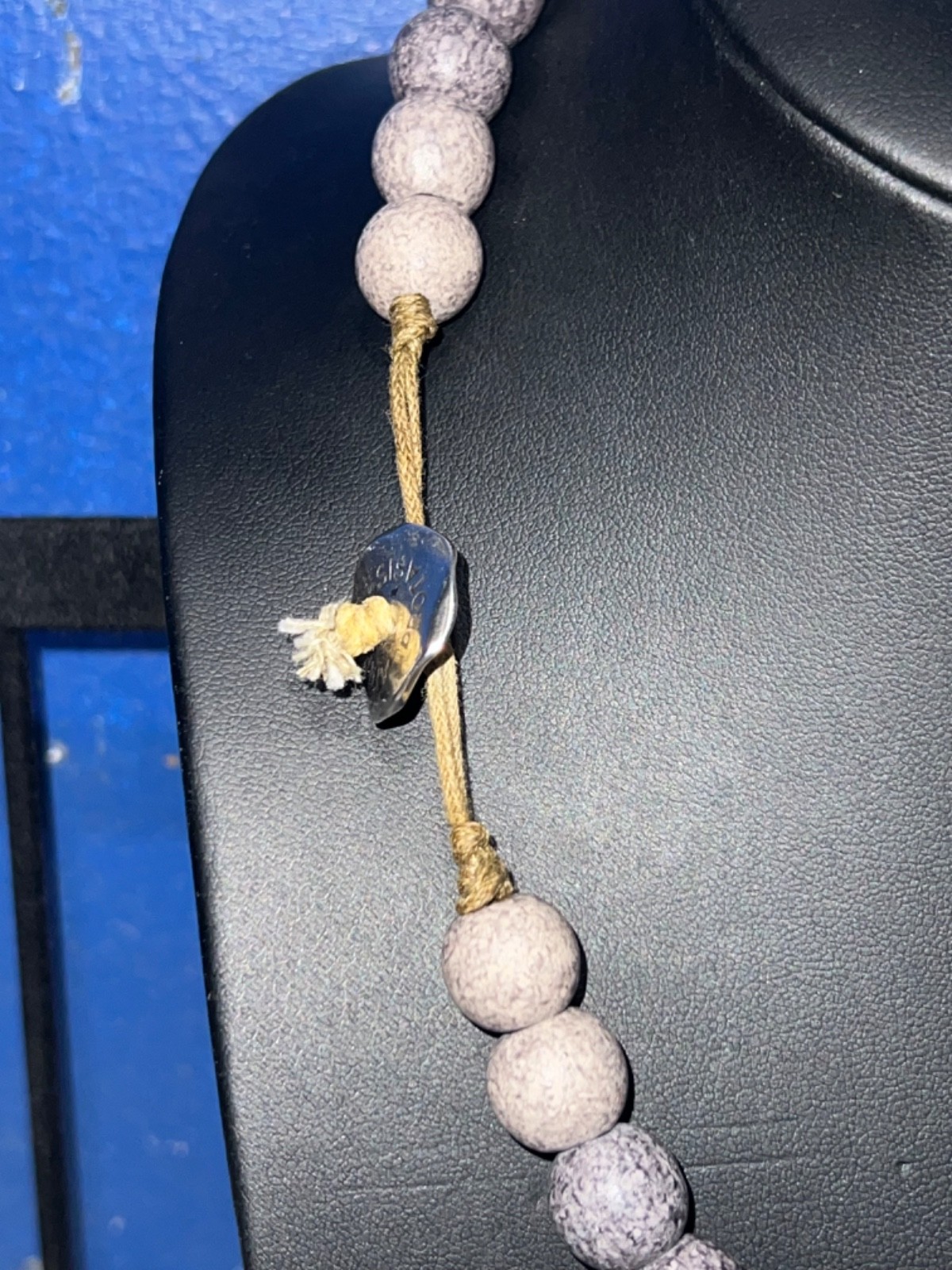 Vintage ATHENS PROTASIS Light Blue, Teal, & Greys Clay Beads on Cord Necklace