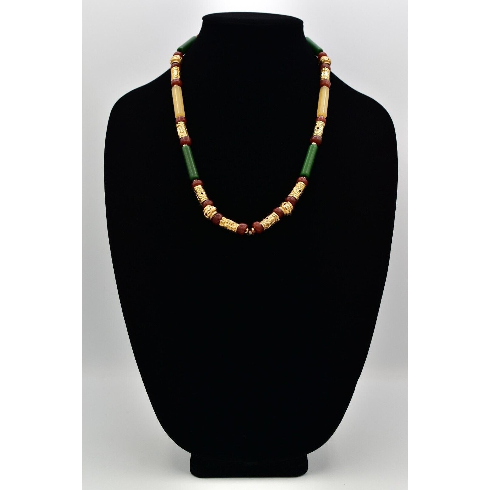 Vintage Beaded Necklace Brushed Gold Green Red Clay Tribal Chunky 1970s BinBN