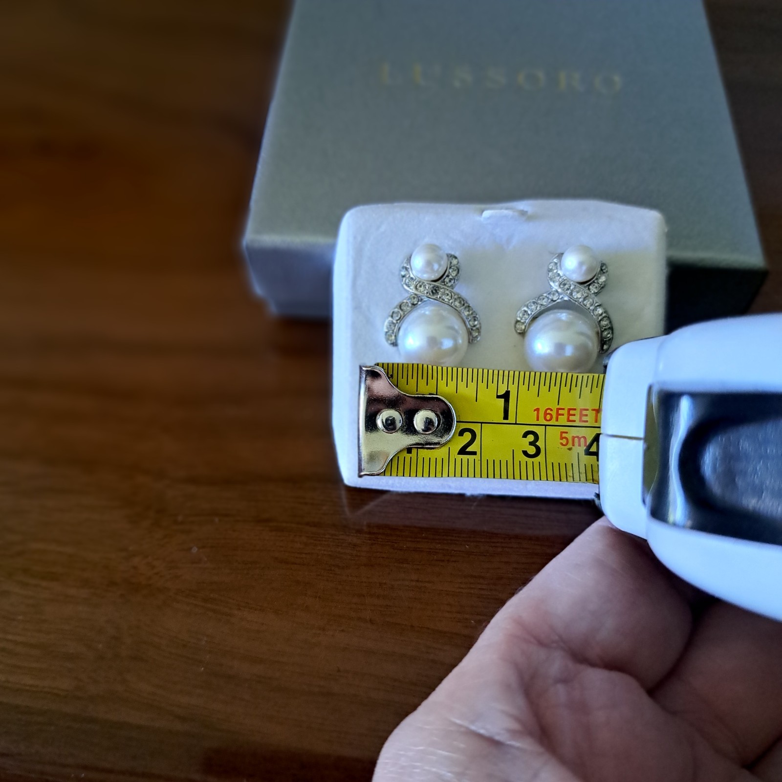 White Faux Two Pearl Stud Earrings Silver Tone With Little Rhinestons Pierced