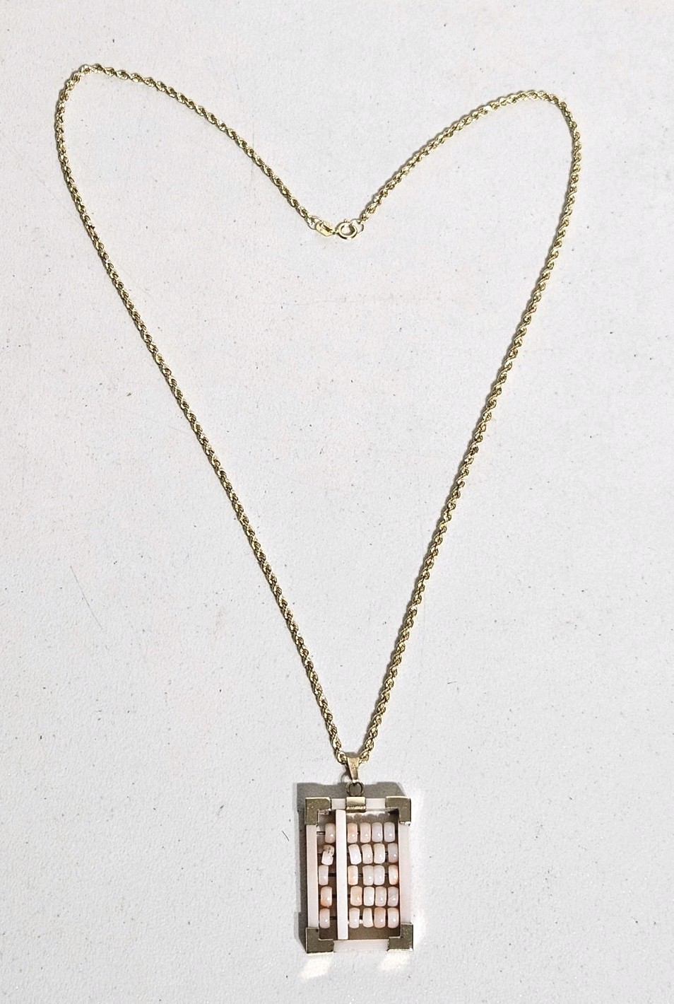 Vintage 14K Gold Angel Skin Coral Abacus Pendant 2mm Rope Chain Necklace 18-3/4″