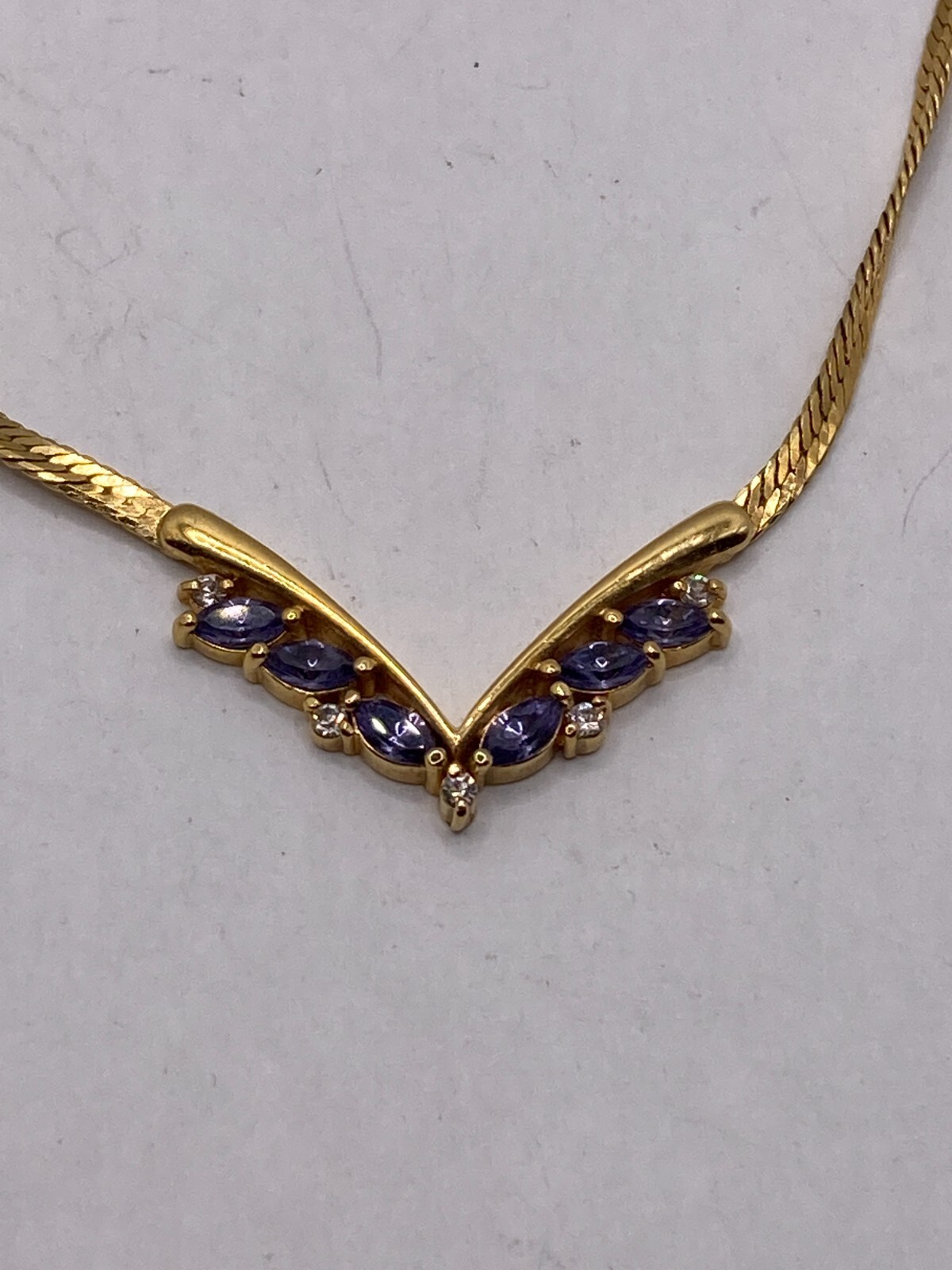 Vintage Avon V-Shaped Goldtone Necklace With Purple Stones