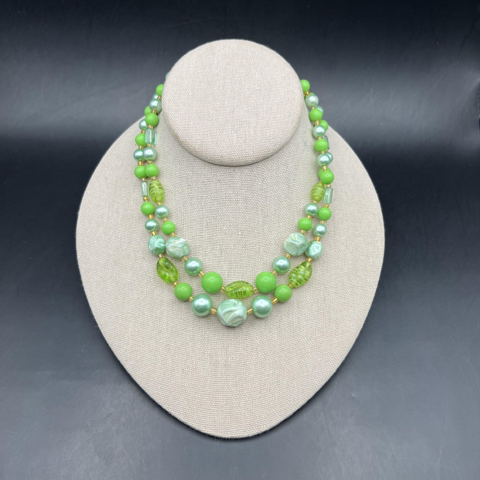 Vintage Green Multi Strand Collar Necklace Faux Pearl Art Glass Japan Layered