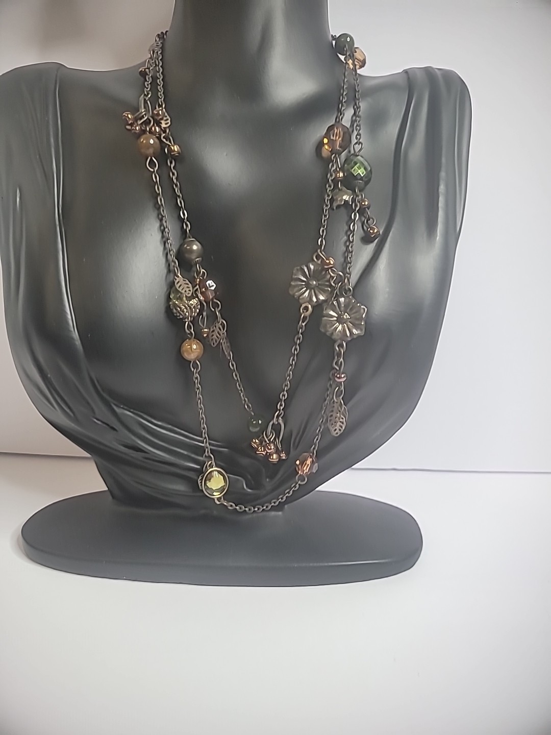 Vintage Bronze Tone Necklace Flowers Beads Leaves Flapper Jewelry Costume