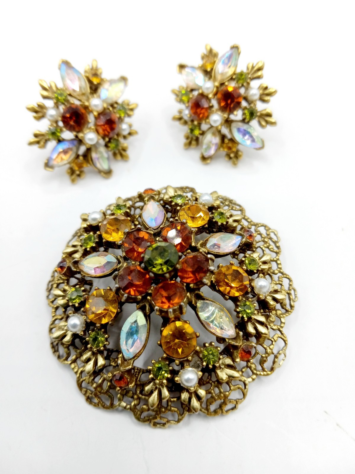 Vintage Rhinestone Brooch & Clip Earrings Autumn Fall Colors AB Accents Goldtone