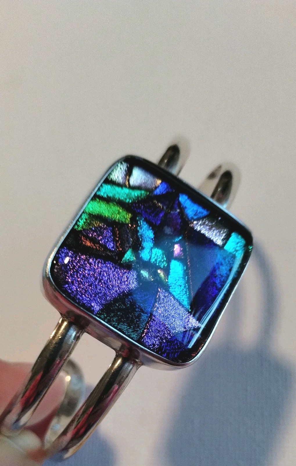 Handmade Small Purple Blue Dichroic Glass Sterling Silver Cuff Bracelet 6.5in