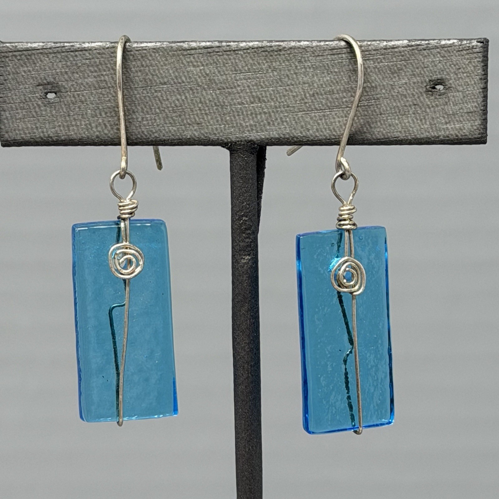 Blue Glass Bead Earrings Wire Wrapped Rectangle Dangle Drop Pierced Bohemian