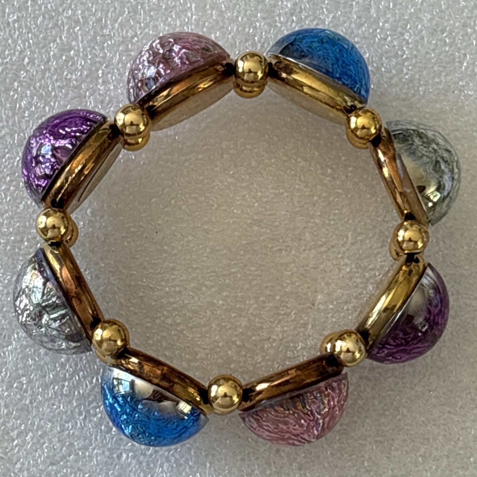Vintage Plastic Foil Cabochon Stretch Bracelet Costume Jewelry Faux Gems NOS