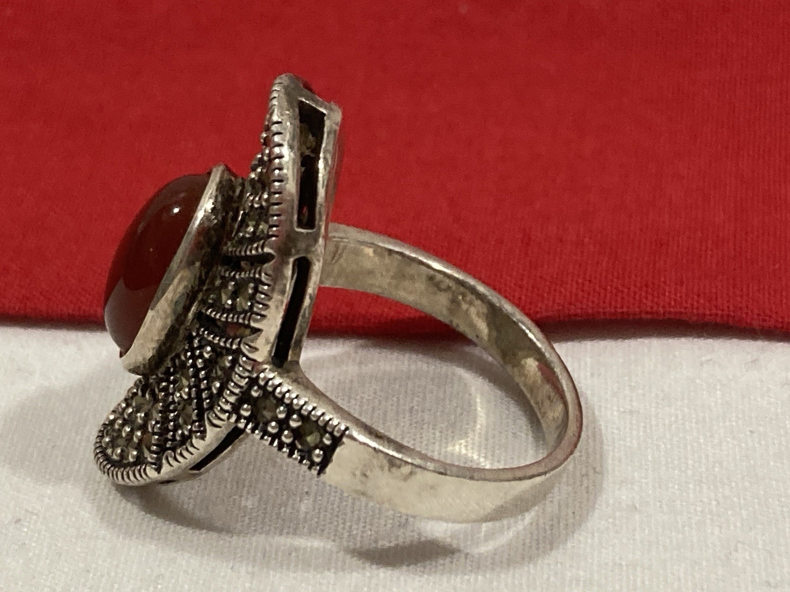 Vintage KL 925 Sterling Silver Carnelian Marcasite Dome Band Ring SIZE 8.75
