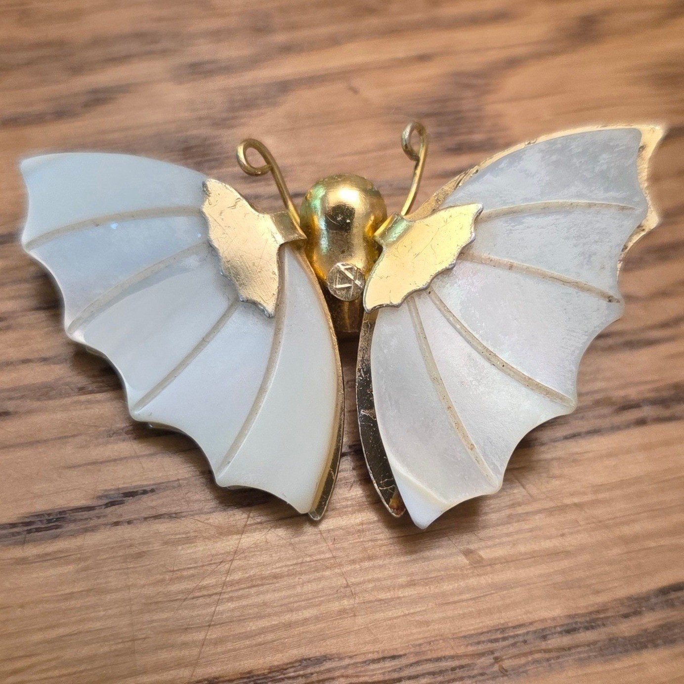 Vintage Mother of Pearl Butterfly Brooch Gold Tone Carved Shell Pin 1.5″ Moth