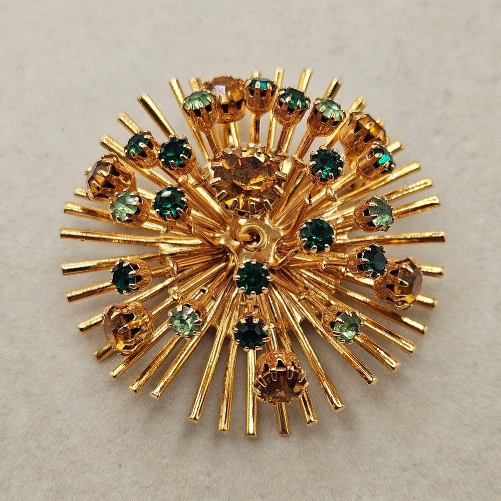 VINTAGE 3D Gold Tone Rhinestone Atomic Starburst Brooch Pin Convertible Pendant
