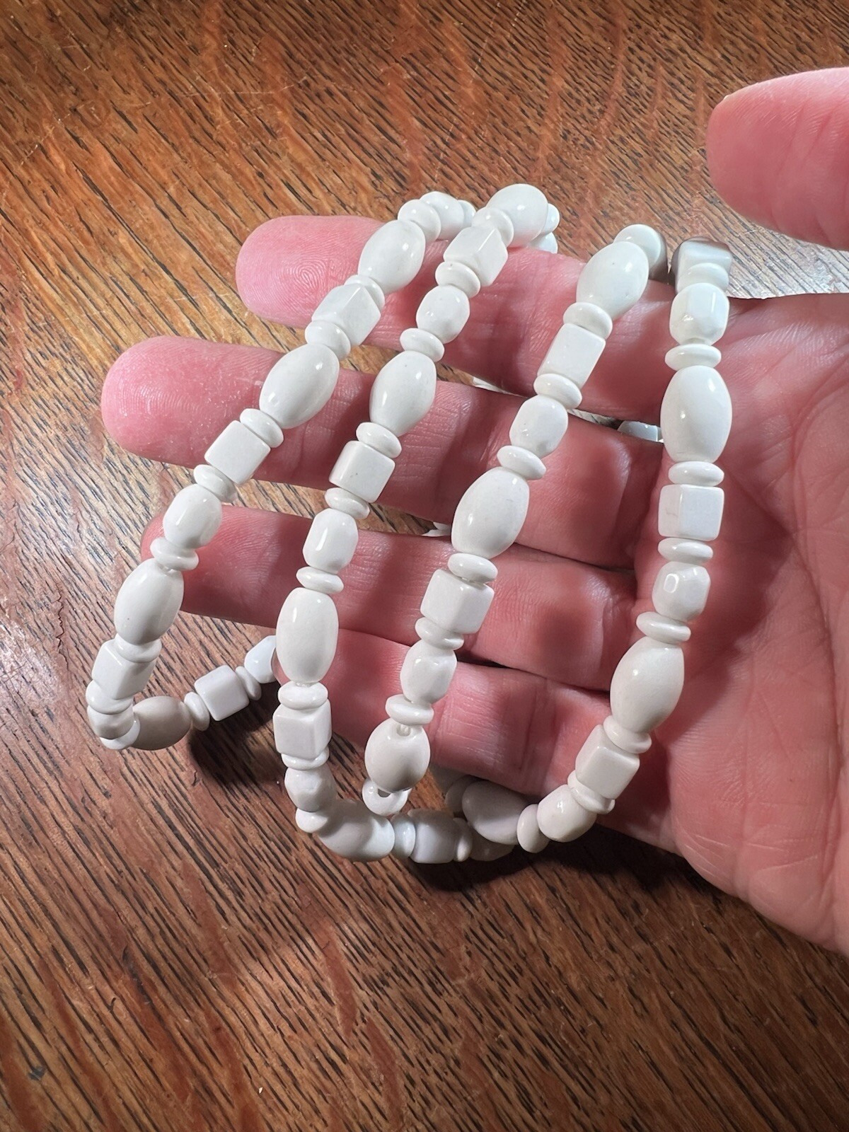 Vintage White Milk Glass Long Necklace Square Oblong Faceted Lozenge Beads 32”
