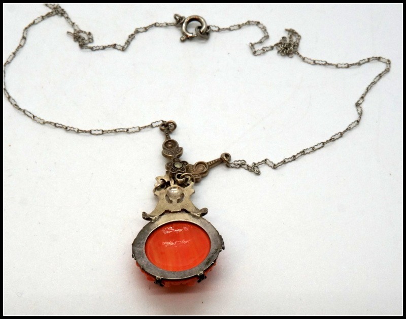 Vintage Art Deco Sterling Silver Marcasite & Molded Coral Glass Flower Pendant