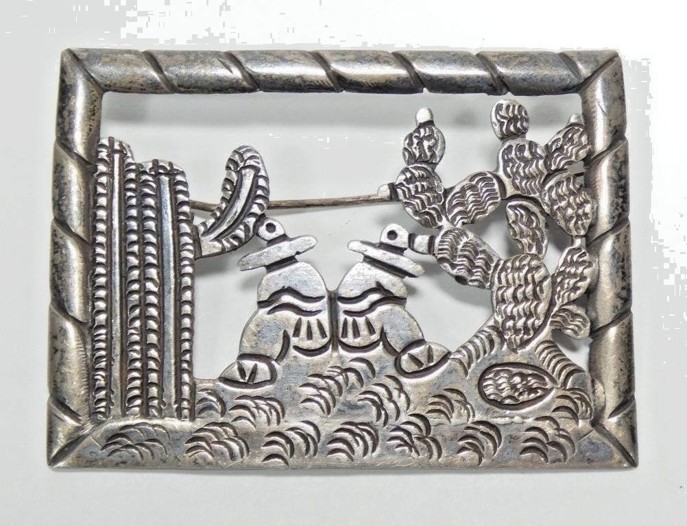 Mexican 980 Silver Brooch 2in Siesta Men Cactus Scene Handmade 17.1g Fine VTG