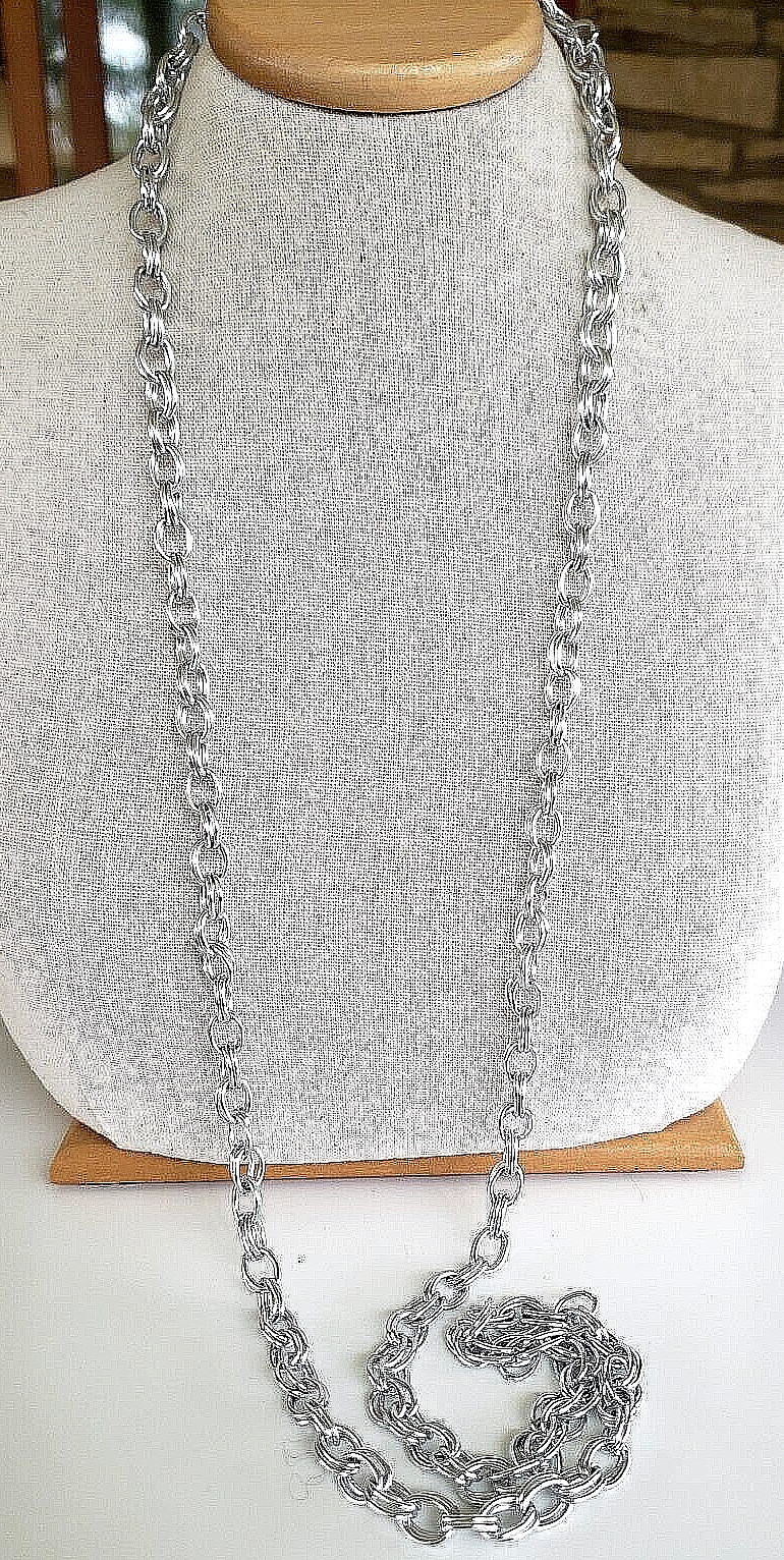 Vintage Silver Tone Aluminum Double Cable Link Chain Necklace 50″ Clasp Less