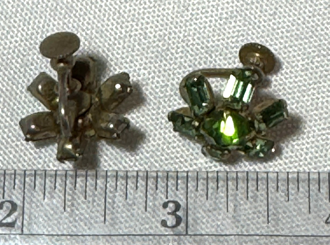 Vintage Green Emerald and Round Cut Rhinestone Flower Screwback Earrings