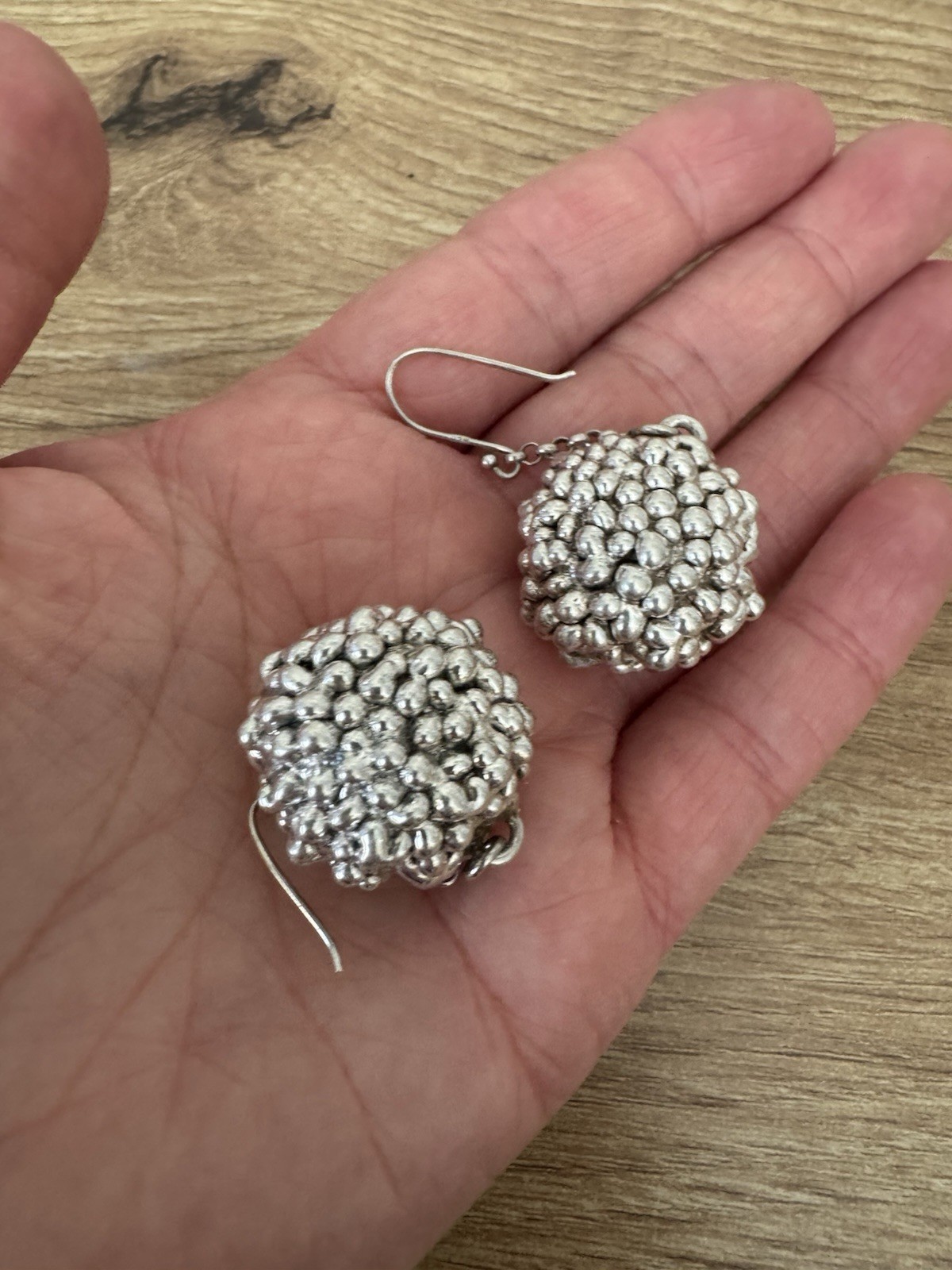 Vintage Silver Tone Textured Round Cluster Ball Dangle Drop Hook Earrings