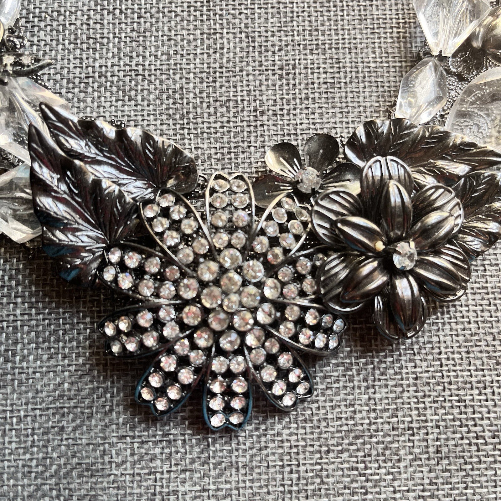 Goth Statement Necklace – Gunmetal & Crystal Floral Necklace – Chunky Necklace