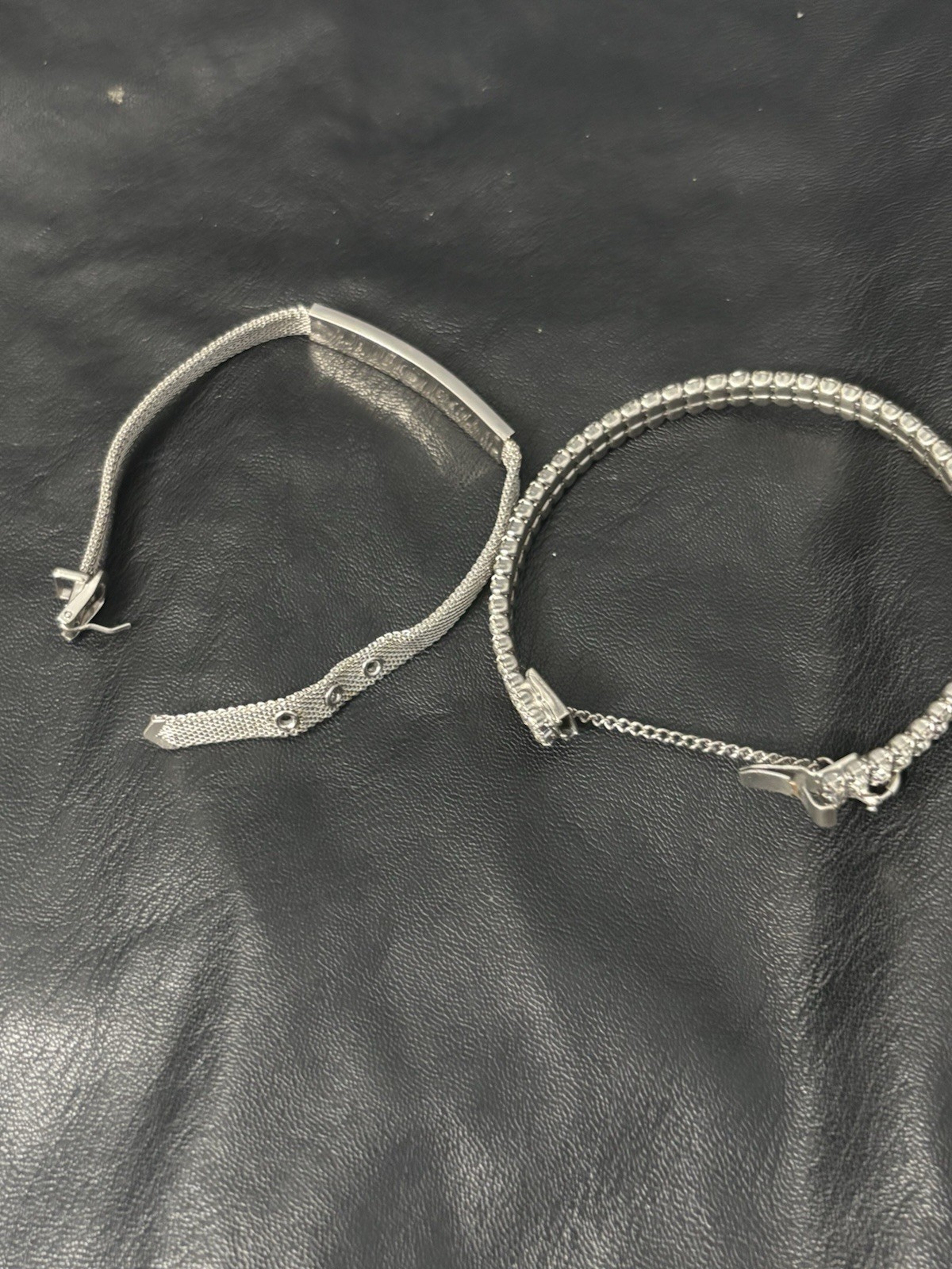 Vintage Bracelet Set Mesh ID Bucket Rhinestone Silver Tone Safety Clasp