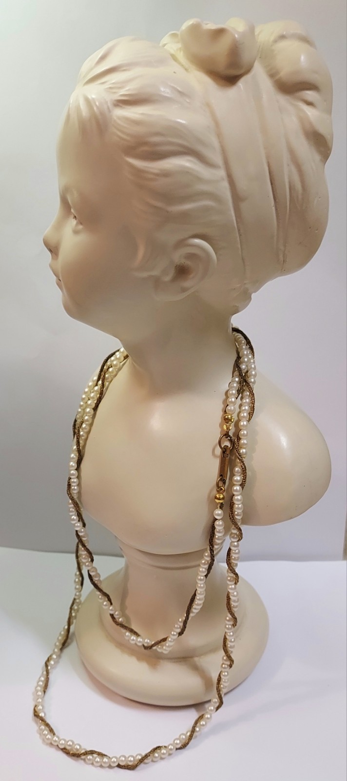 Miriam Haskell Vintage Necklace Faux Pearl Wheat Chain Bronze Tone Signed 34″