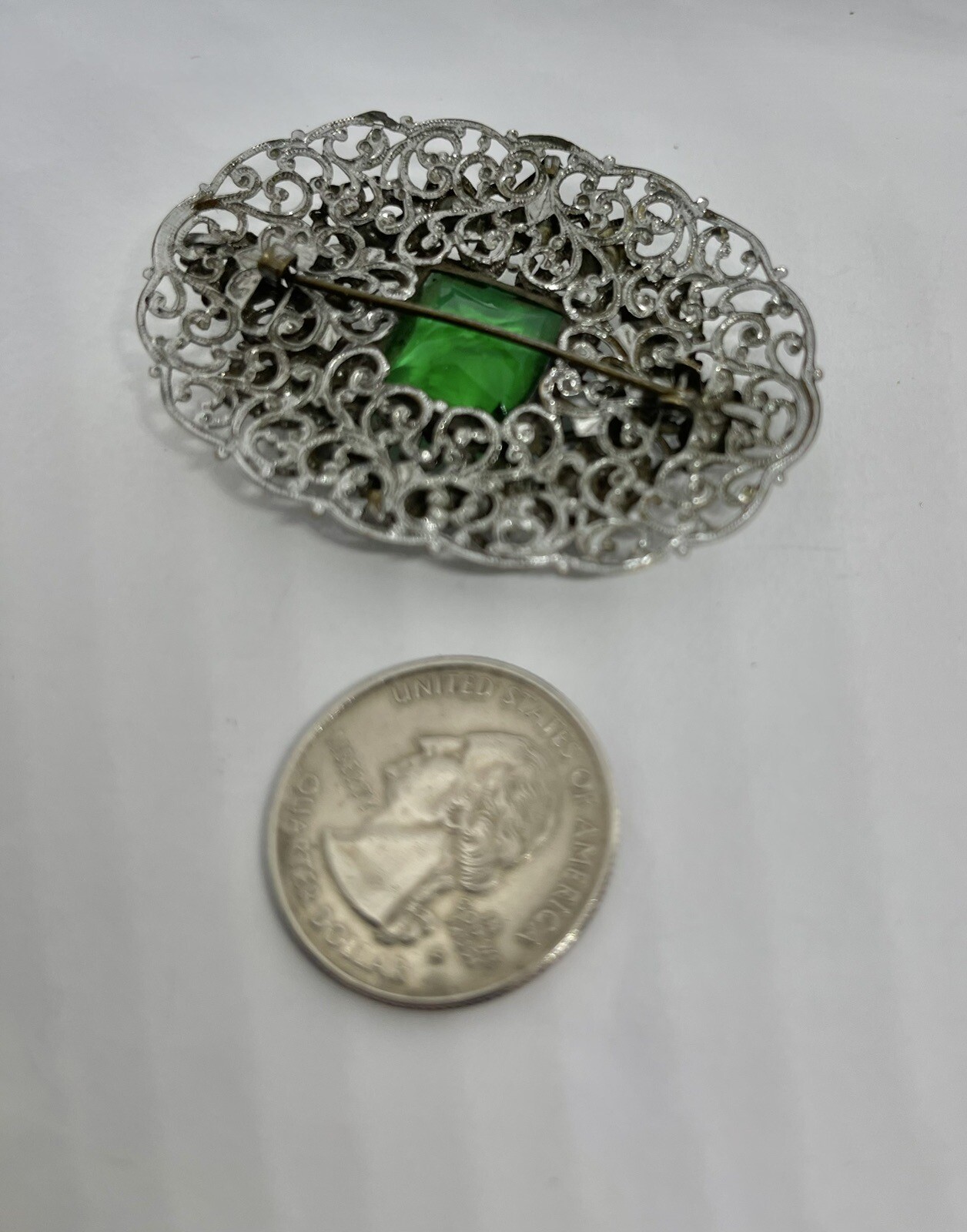 Antique Art Deco Green Domed Square Czech Glass Silvertone Filigree Brooch