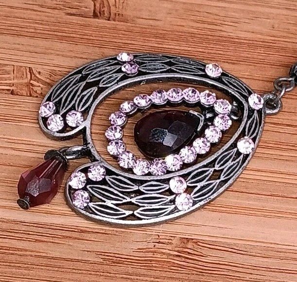 Vintage gunmetal pendant W/ pink rhinestones & purple/pink bead accents, 18-21″