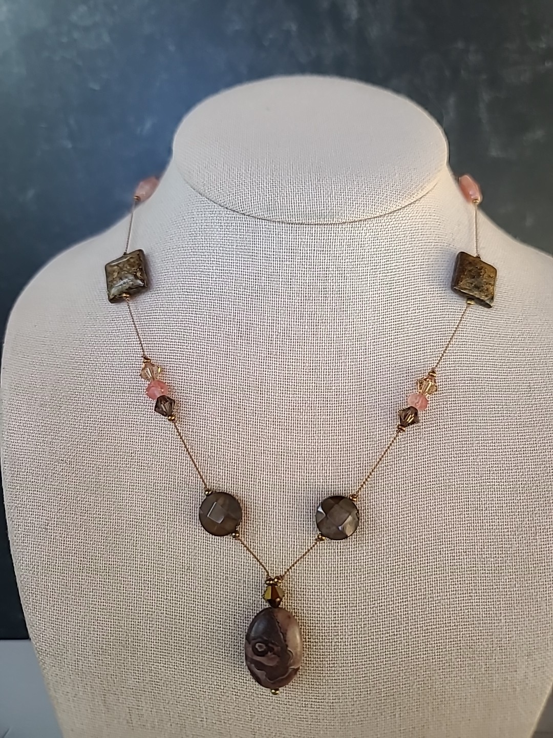 925 Sterling Rhodochrosite, Jasper & Bronzite Beaded Station Pendant Necklace
