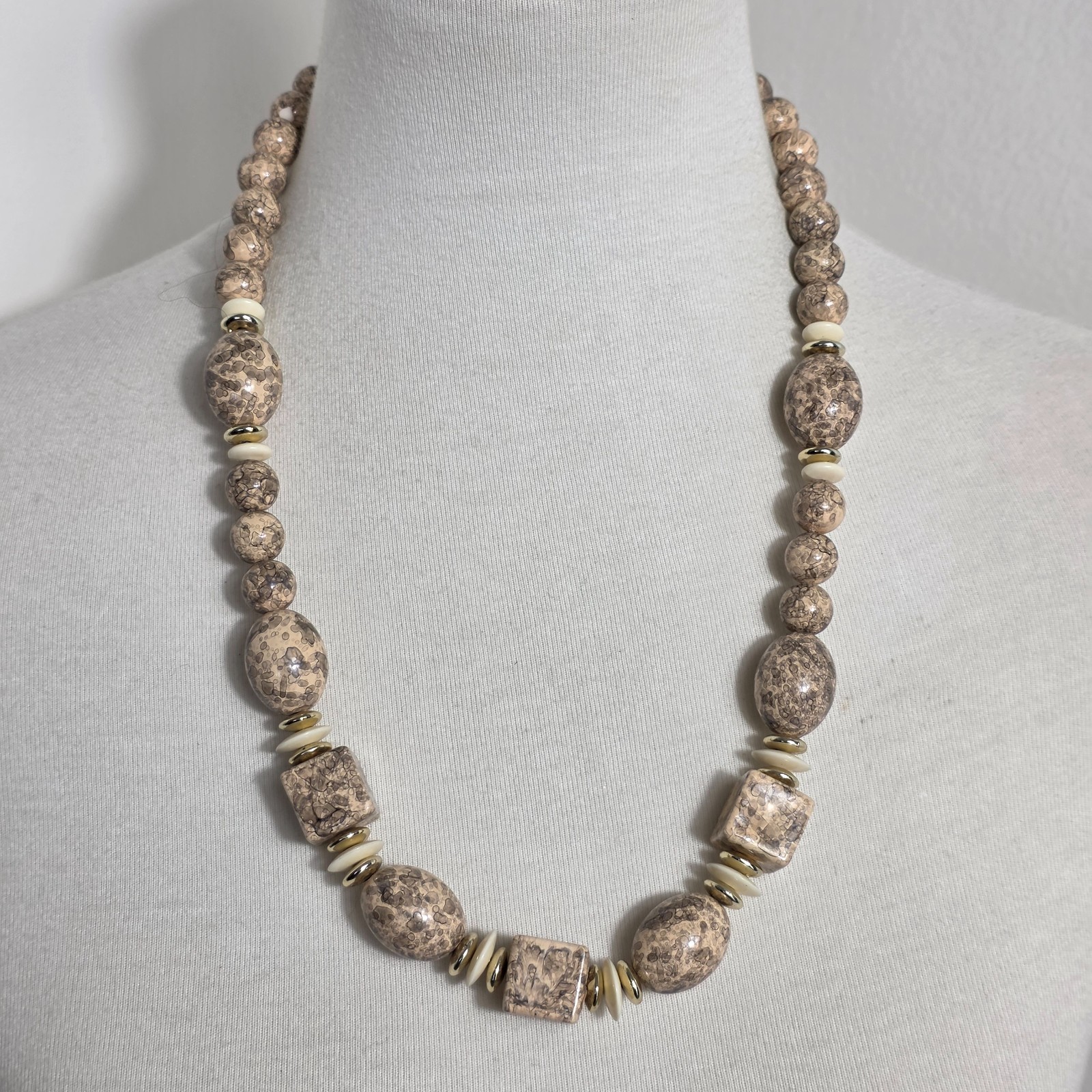 Beaded Statement Necklace Square & Round Beads Flat Gold & White Spacers