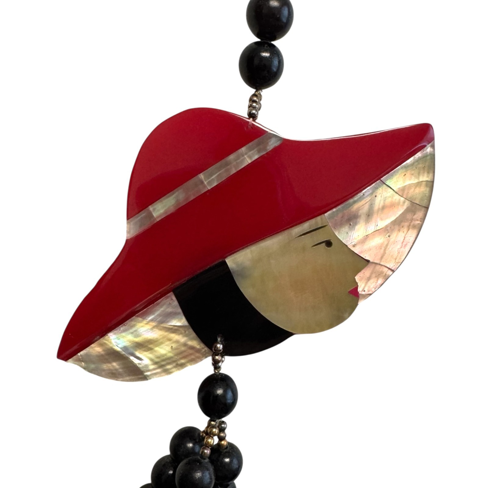 Vintage Lee Sands LS Inlaid MOP Lady in Red Hat Necklace Black Beads 13″ Figural