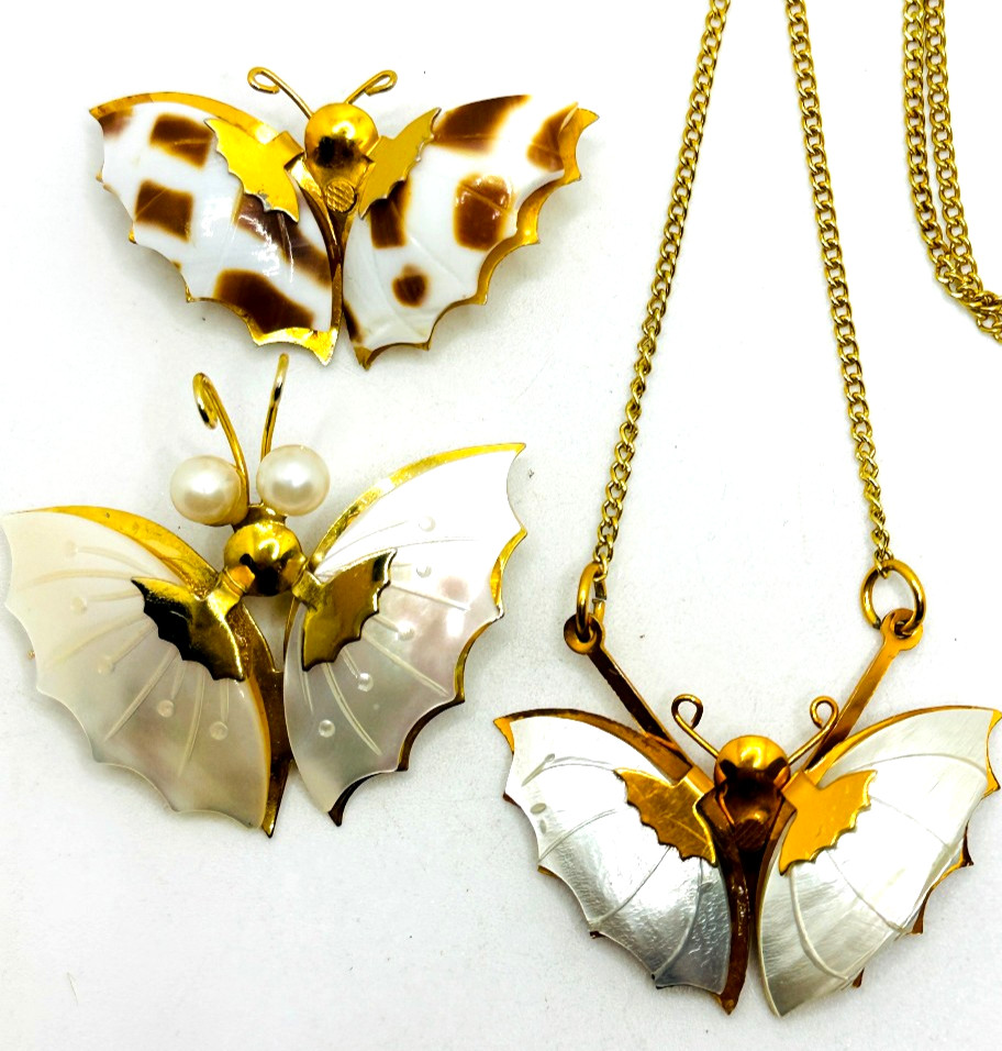 Lot 3 Gold Tone MOP / Shell Moths – 2 Brooches and 1 Necklace EUC