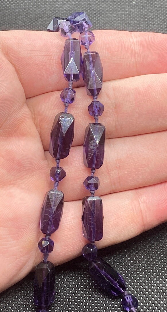 1920s Art Deco Necklace Faceted Amethyst Hand Knot Bead Opera Length 57 in