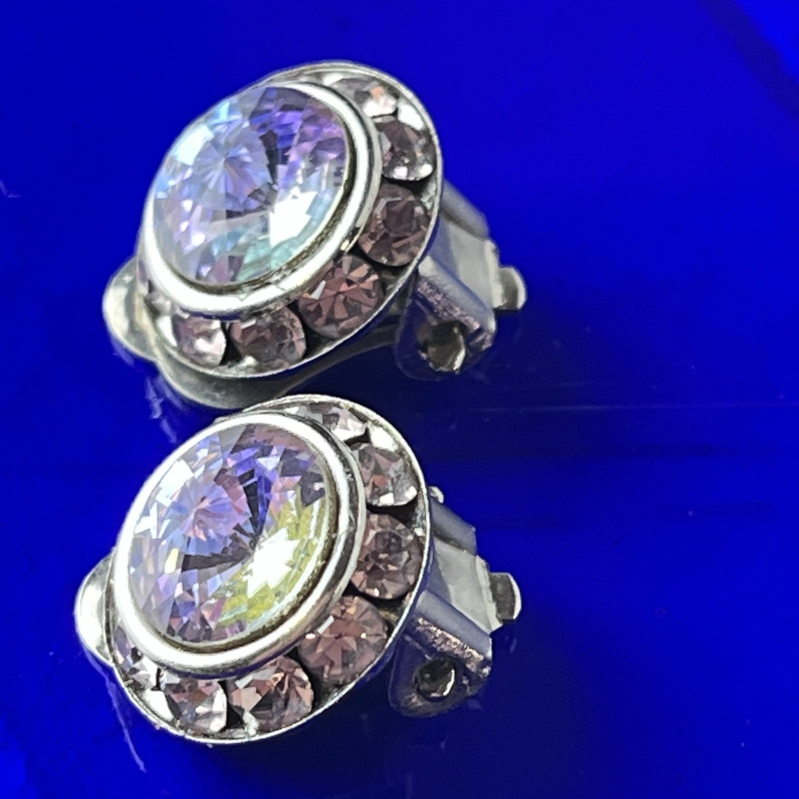 Vtg 1950s Clip-On Earrings – Iolite Blue Rivoli Stones -Clear Rhinestones – 1/2”