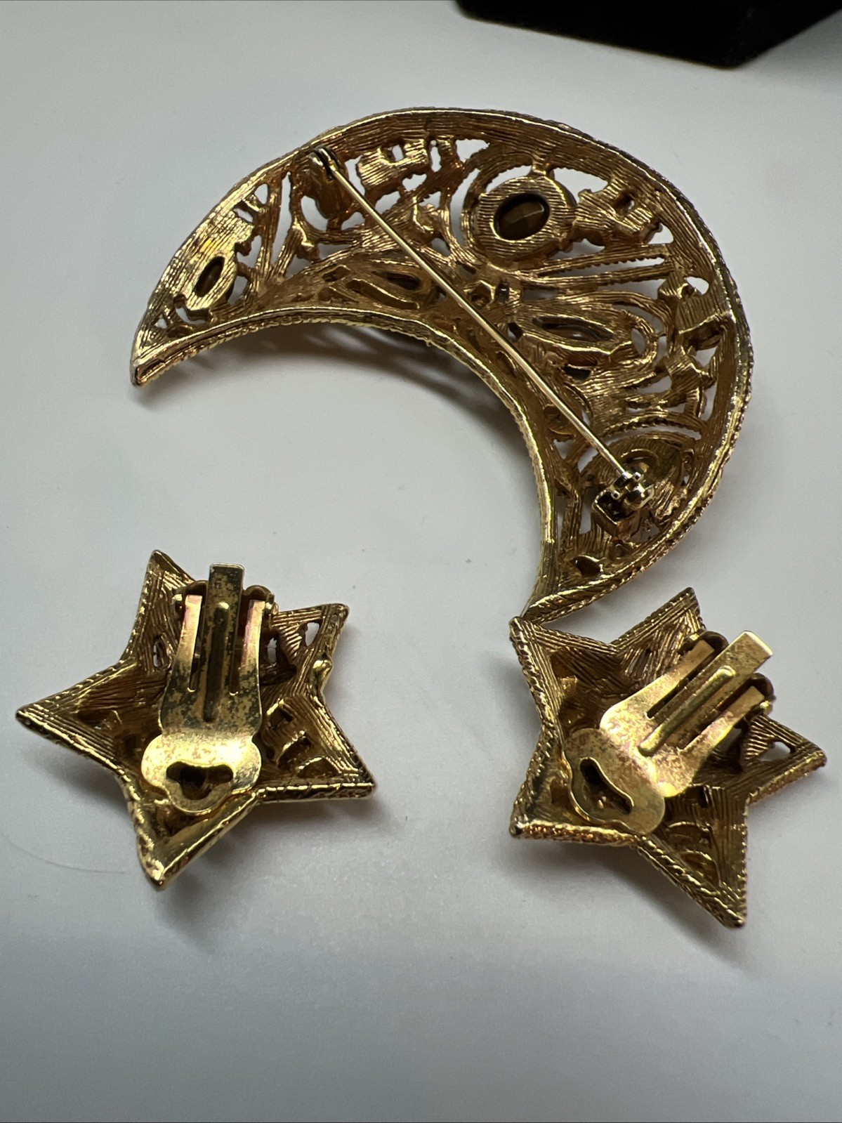 Vtg La Roco Paisley Crescent Half Moon Brooch & Star Earrings Witchy Dark Amber