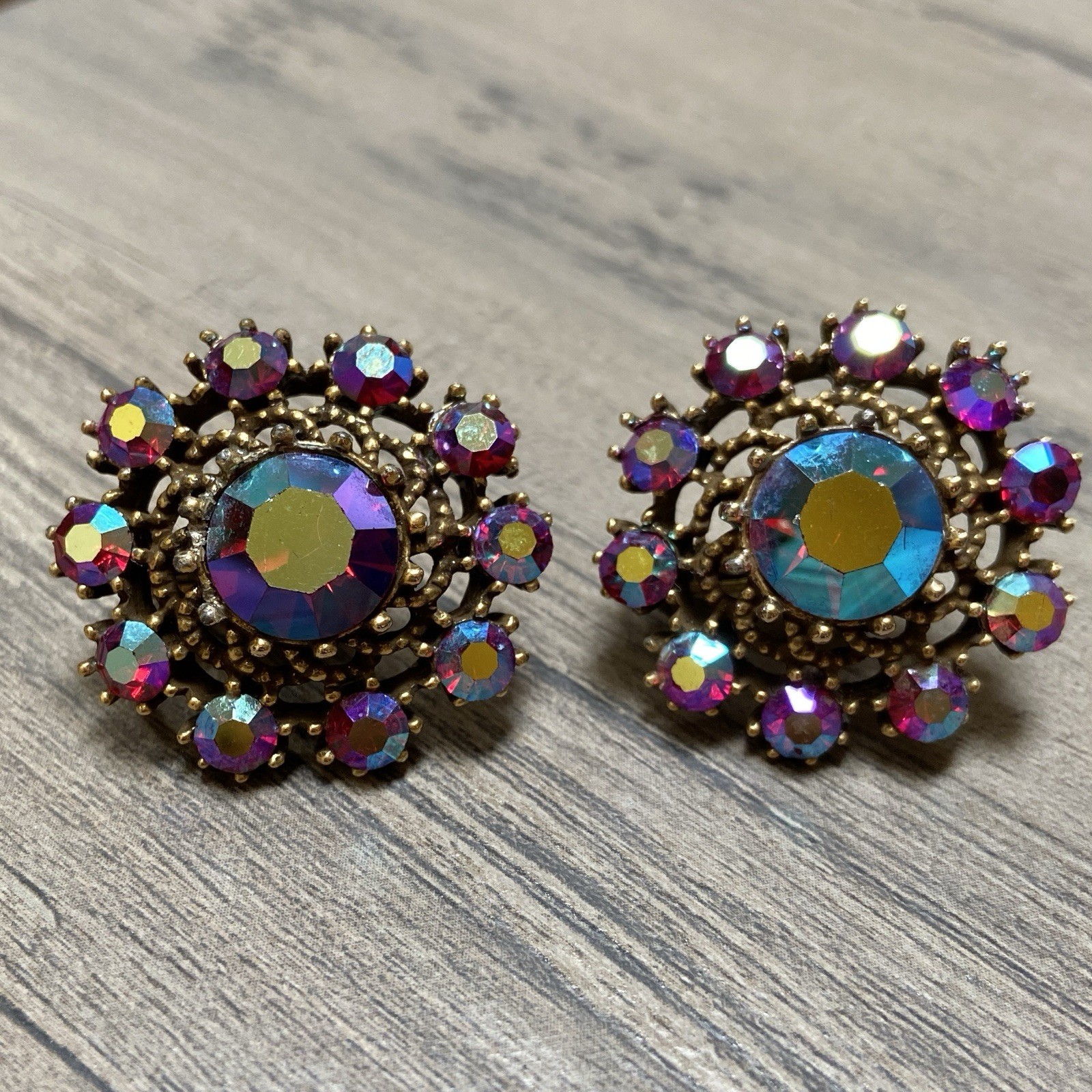 Vintage Coro Earrings Clip On Red AB Iridescent Rhinestones Round Floral Cluster