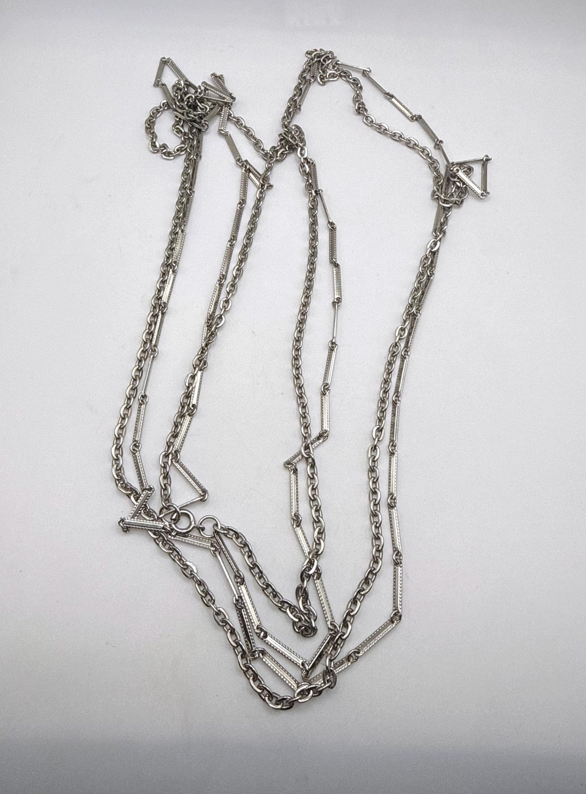 Vintage two strand long silver tone chain bar link